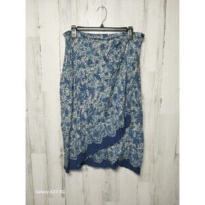 Coldwater Creek Faux Wrap Below Knee Skirt Blue White Floral Draped Side Zip L